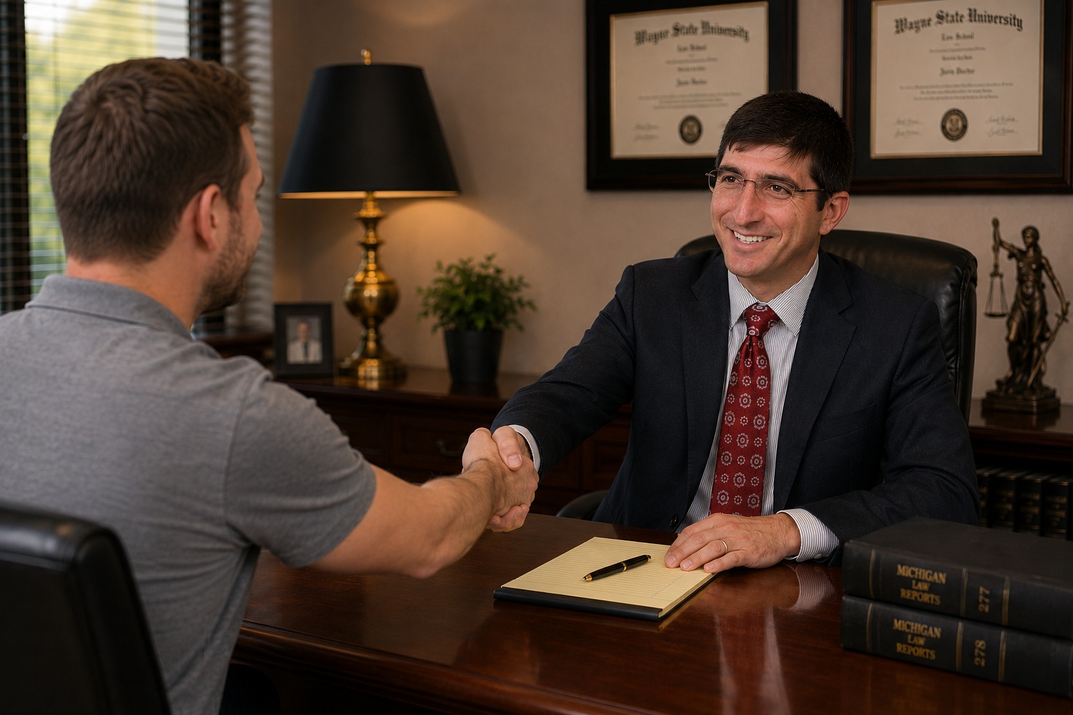 Attorney Solomon Radner meeting with a client at the firm's Southfield office